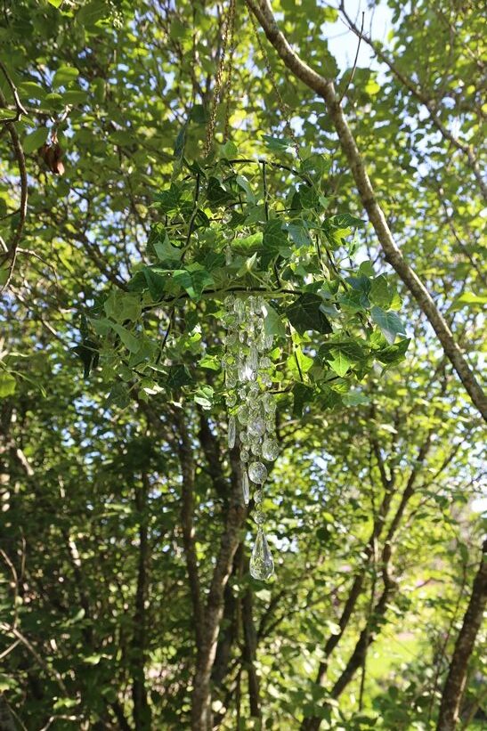 Salaisen puutarhan oksistosta roikkuu kristallilamppu.