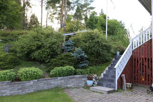 Talon lounaaseen suuntautuvassa päädyssä rinteen päällä on suojaisa grillipaikka. Rinne on vihreytetty norjanangervoilla (Spiraea ’Grefsheim) ja matalilla havupensailla.